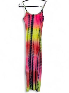 SHEIN Pink/Yellow Tie-Dye Neon Bodycon Midi Dress with adjustable straps
